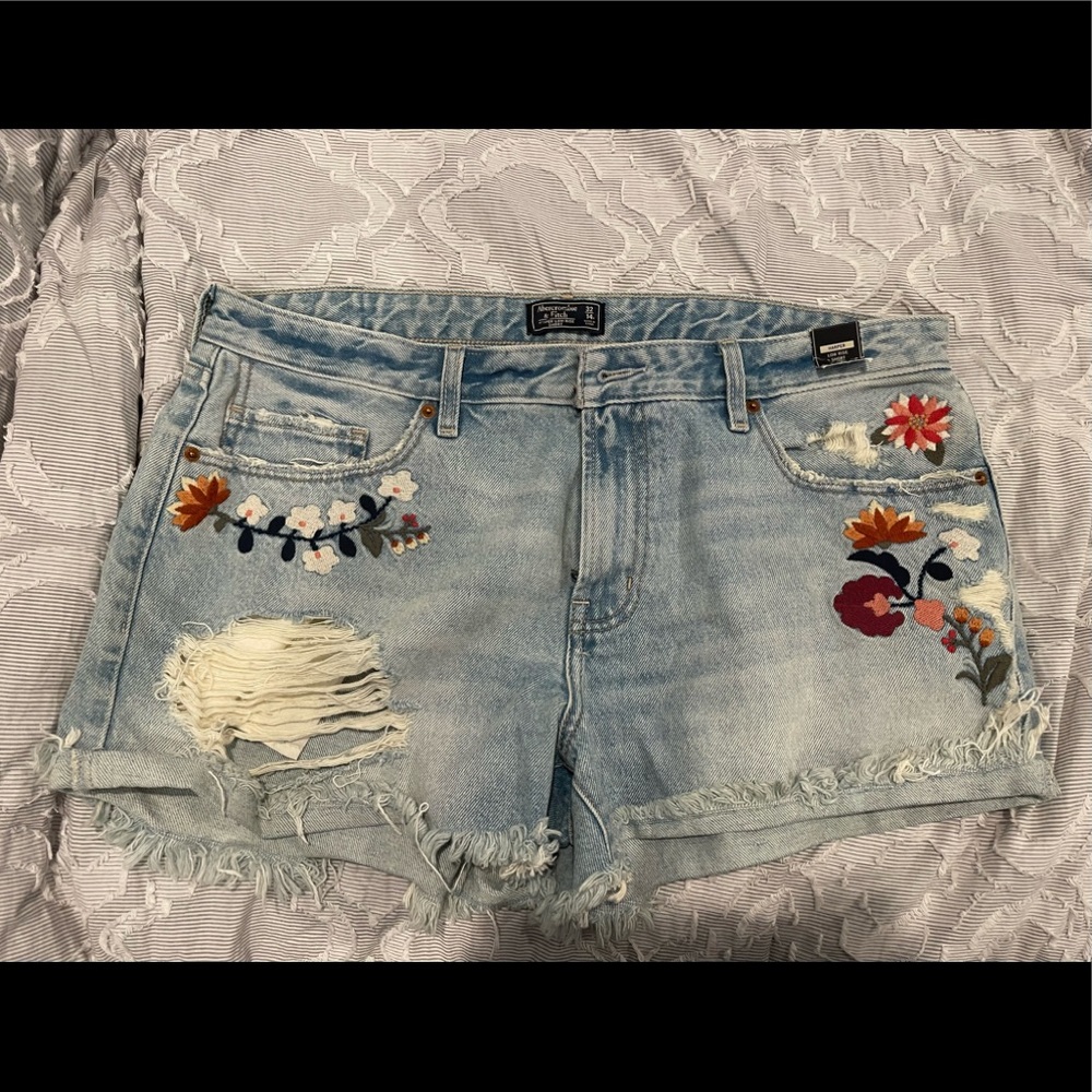 Abercrombie & Fitch Blue Jean Shorts with Floral Embroidery